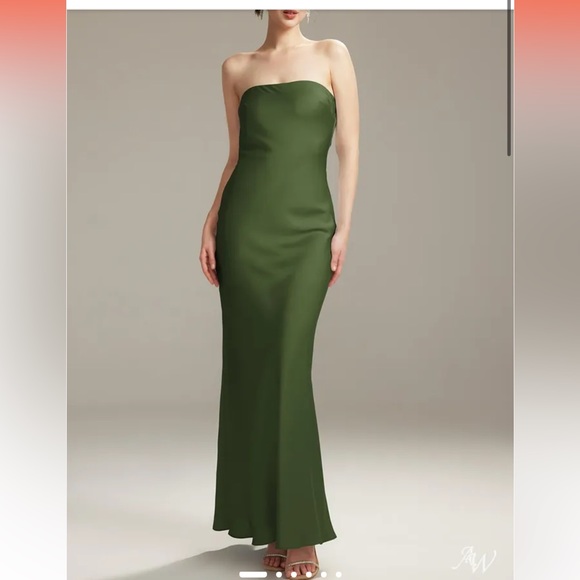 AW Fogbow Olive Green Strapless Satin Dress - Picture 6 of 6